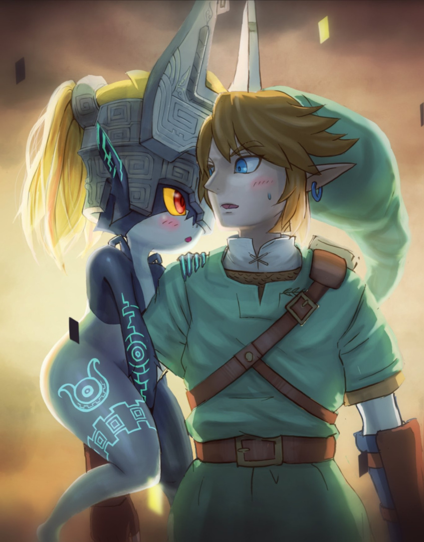 1boy 1girl :o arm_hug bangs belt blonde_hair blue_eyes blush breasts brown_background brown_belt colored_sclera colored_skin cowboy_shot earrings eyebrows_visible_through_hair gradient gradient_background green_headwear gxp hand_on_another's_shoulder helmet highres jewelry long_hair midna multicolored_skin one_eye_covered orange_hair pointy_ears ponytail red_eyes short_sleeves the_legend_of_zelda the_legend_of_zelda:_twilight_princess two-tone_skin yellow_sclera