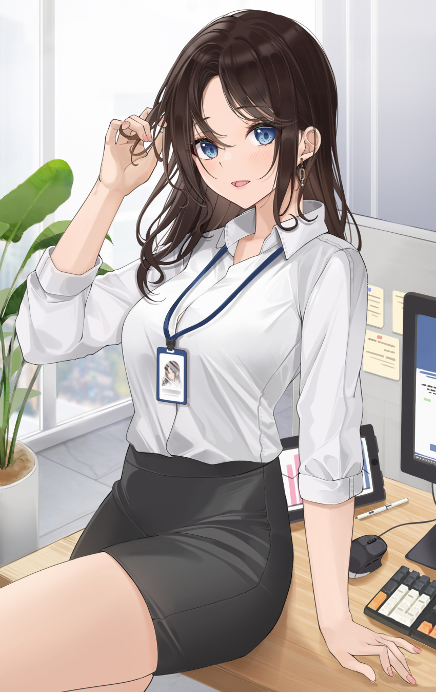 1girl absurdres adjusting_hair bangs black_hair blue_eyes breasts collar collared_shirt computer highres id_card leaning_back lebring leg_up looking_at_viewer medium_breasts office_lady original pencil_skirt plant shirt sitting skirt solo