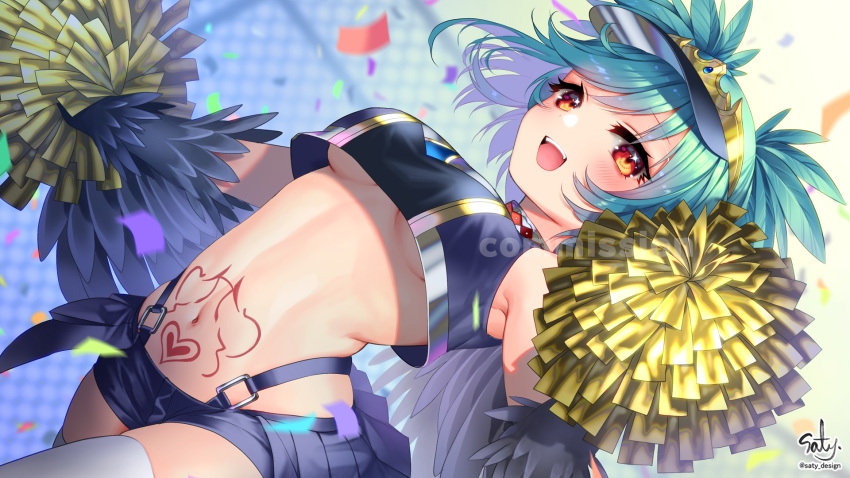 1girl artist_name bangs black_feathers black_wings blush borrowed_character breasts claws collar commentary_request commission confetti crop_top eyebrows_visible_through_hair green_hair harpy highres indie_virtual_youtuber lincoro midriff monster_girl navel open_mouth pom_pom_(cheerleading) red_eyes short_hair short_twintails skeb_commission small_breasts solo stomach_tattoo tattoo thigh-highs twintails twitter_username under_boob virtual_youtuber visor_cap white_legwear winged_arms wings yukimichi_(nieko)