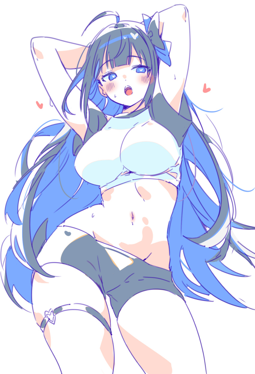 1girl ahoge arms_behind_head arms_up black_bow black_hair blue_bow blue_eyes blue_hair blue_theme blush bow bright_pupils contrapposto gogoco hair_bow heart heart-shaped_pupils highres impossible_clothes long_hair multicolored_hair navel open_mouth original simple_background sketch solo sweat symbol-shaped_pupils teeth thigh_strap tongue upper_teeth very_long_hair white_background white_pupils