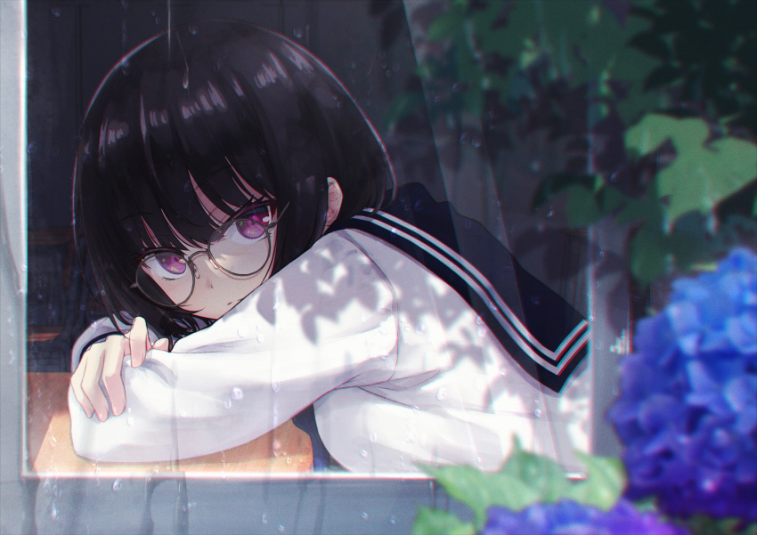 1girl bangs black_hair blurry breast_press breasts chromatic_aberration crossed_arms depth_of_field desk elbow_rest expressionless eyebrows_visible_through_hair flower from_outside from_side glasses hands_up highres hydrangea leaning_forward looking_at_viewer medium_breasts oozora_itsuki original rain round_eyewear sailor_collar school school_desk school_uniform serafuku solo upper_body violet_eyes water_drop white_serafuku