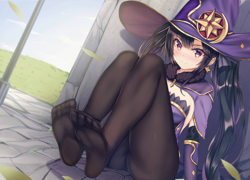 1girl absurdres bangs black_hair black_legwear blush capelet closed_mouth day detached_sleeves dutch_angle floating_hair genshin_impact hair_between_eyes hat highres long_hair long_sleeves mona_(genshin_impact) outdoors pantyhose purple_capelet purple_headwear purple_sleeves red_eyes shiny shiny_hair sitting solo strapless sweatdrop twintails very_long_hair white_(user_gpgw2383) witch_hat