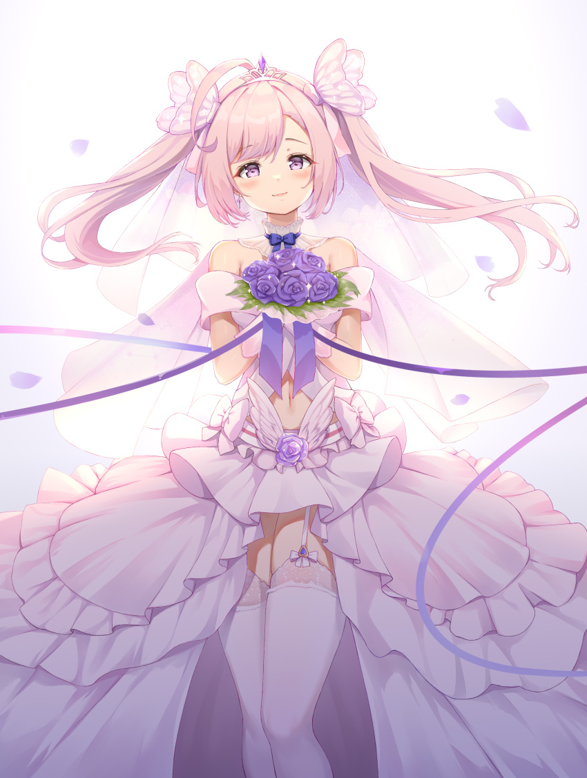 1girl :3 absurdres ahoge azur_lane bangs bare_shoulders blue_ribbon blush bouquet breasts butterfly_hair_ornament chinese_commentary choker closed_mouth commentary_request cowboy_shot dress eyebrows_visible_through_hair floating_hair garter_straps gloves hair_between_eyes hair_ornament head_tilt highres holding holding_bouquet kanon_12361024 long_hair looking_at_viewer navel pink_hair ribbon ribbon_choker saratoga_(azur_lane) sidelocks simple_background skindentation small_breasts smile solo standing strapless strapless_dress thigh-highs tiara twintails violet_eyes wedding_dress white_background white_dress white_gloves white_legwear