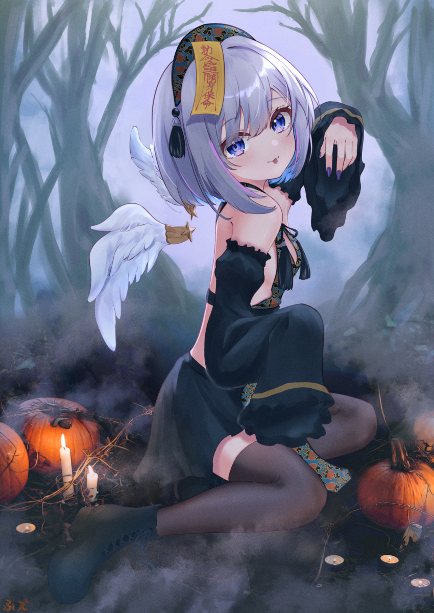 1girl :p amane_kanata angel angel_wings bare_shoulders black_footwear black_legwear black_nails blue_hair bob_cut boots breasts colored_inner_hair detached_sleeves detached_wings feathered_wings fingernails forest fue_(lars0713) full_body halloween highres hololive jiangshi long_fingernails looking_at_viewer mini_wings miniskirt multicolored_hair nail_polish nature ofuda outstretched_arms pink_hair pumpkin short_hair silver_hair sitting skirt sleeves_past_fingers sleeves_past_wrists small_breasts smile solo streaked_hair thigh-highs tongue tongue_out violet_eyes virtual_youtuber wariza white_wings wings zombie_pose