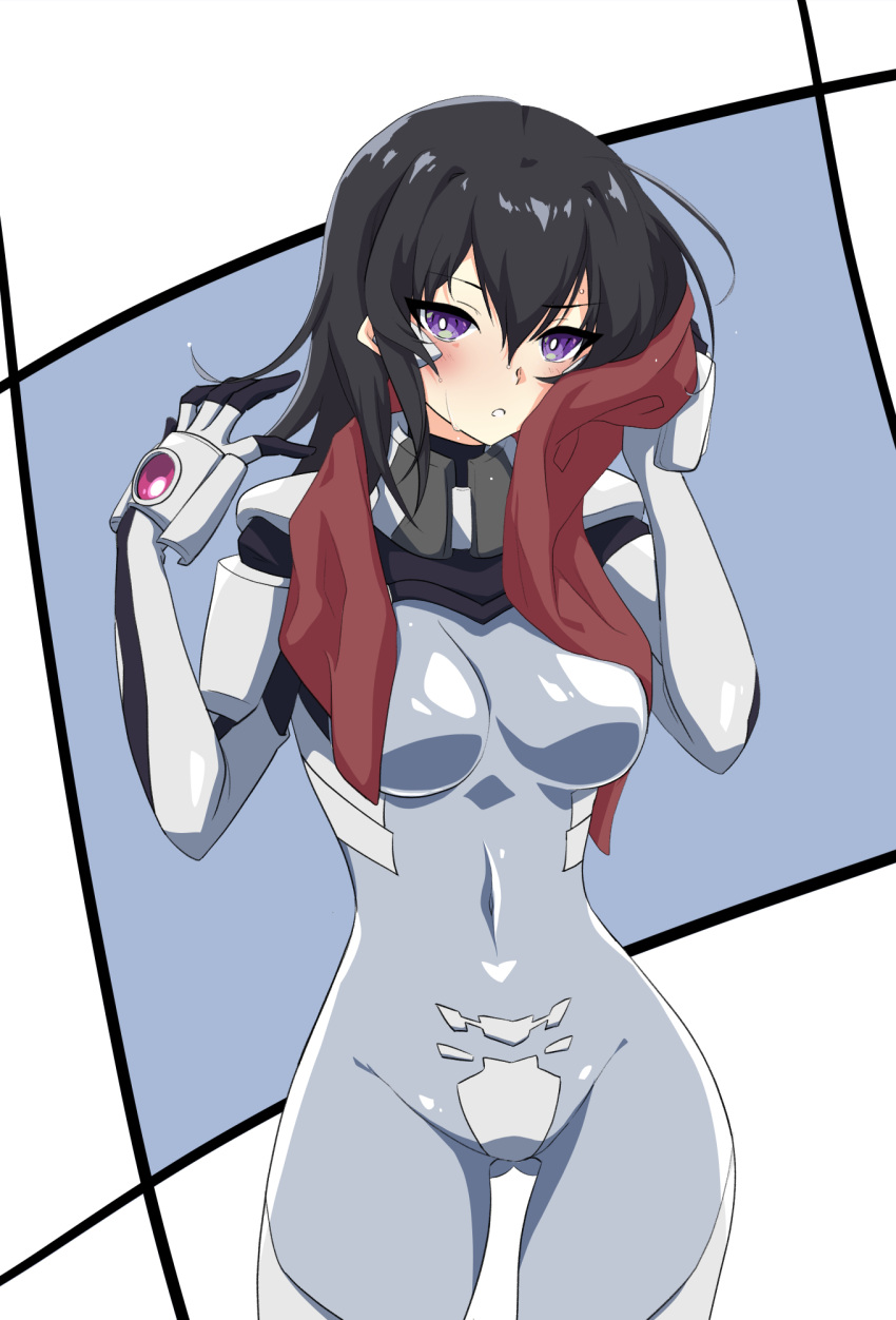 1girl ayamine_kei bangs black_hair blush bodysuit breasts bright_pupils covered_navel fortified_suit grey_bodysuit hair_between_eyes highres kamon_rider looking_at_viewer medium_breasts medium_hair muvluv muvluv_alternative muvluv_alternative_(anime) parted_lips skin_tight solo sweat towel violet_eyes white_background white_pupils wiping_sweat