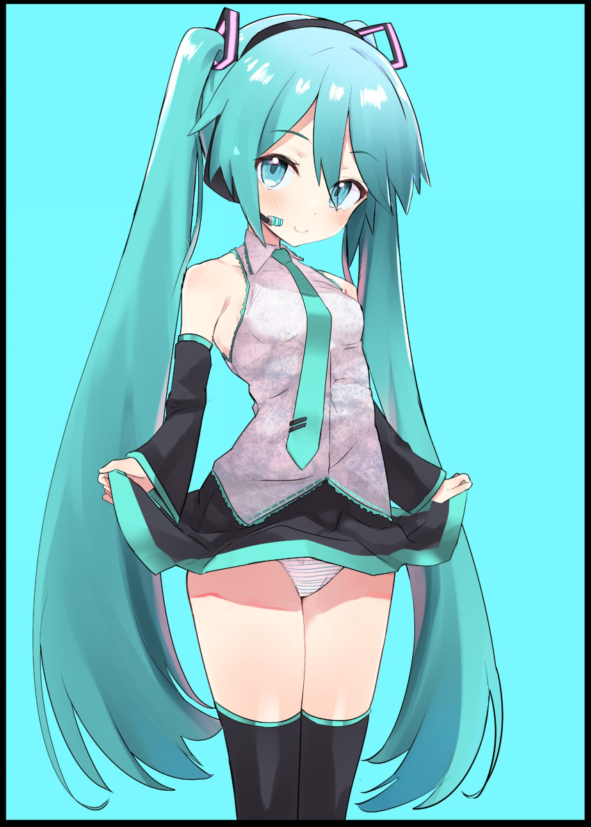 1girl aqua_background aqua_eyes aqua_hair aqua_necktie bangs black_border black_legwear black_skirt blush border breasts caburi clothes_lift commentary_request detached_sleeves grey_shirt hair_between_eyes hair_ornament hatsune_miku headphones headset highres lifted_by_self long_hair looking_at_viewer necktie panties shirt simple_background skirt skirt_lift sleeveless sleeveless_shirt small_breasts smile solo striped striped_panties thigh-highs twintails underwear very_long_hair vocaloid