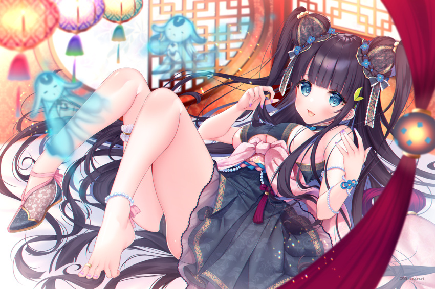 1girl anklet armlet bangs bare_legs barefoot bead_anklet bead_bracelet beads black_panties blue_eyes blunt_bangs blush bracelet breasts bun_cover double_bun dress eyebrows_visible_through_hair fate/grand_order fate_(series) feet full_body grey_dress hair_ornament indoors jewelry knees_up ko_yu large_breasts leaf_hair_ornament leaf_print leg_garter looking_at_viewer lying on_back open_mouth panties print_dress purple_nails shoes single_shoe sleeveless sleeveless_dress smile solo toe_ring toenails toes two_side_up underwear yang_guifei_(fate)