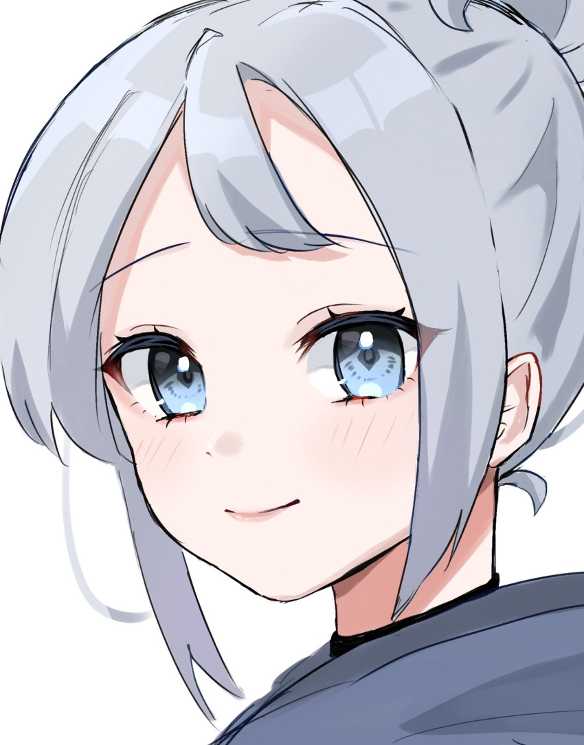 1girl alternate_costume alternate_hairstyle animification bangs blue_eyes blush close-up eyelashes face facing_viewer fuutivtiofon_ri hair_behind_ear highres jett_(valorant) looking_at_viewer simple_background smile solo tied_hair upper_body valorant white_background white_hair
