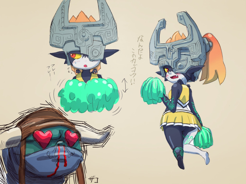 1boy 1girl :o arrow_(symbol) ass bangs blood blush brown_background brown_hair cheerleader fang floating from_behind gxp heart heart-shaped_pupils helmet highres holding holding_pom_poms looking_back midna moblin multiple_views nosebleed open_mouth pointy_ears pom_pom_(cheerleading) ponytail sideways_glance simple_background sketch skirt symbol-shaped_pupils the_legend_of_zelda the_legend_of_zelda:_twilight_princess translation_request