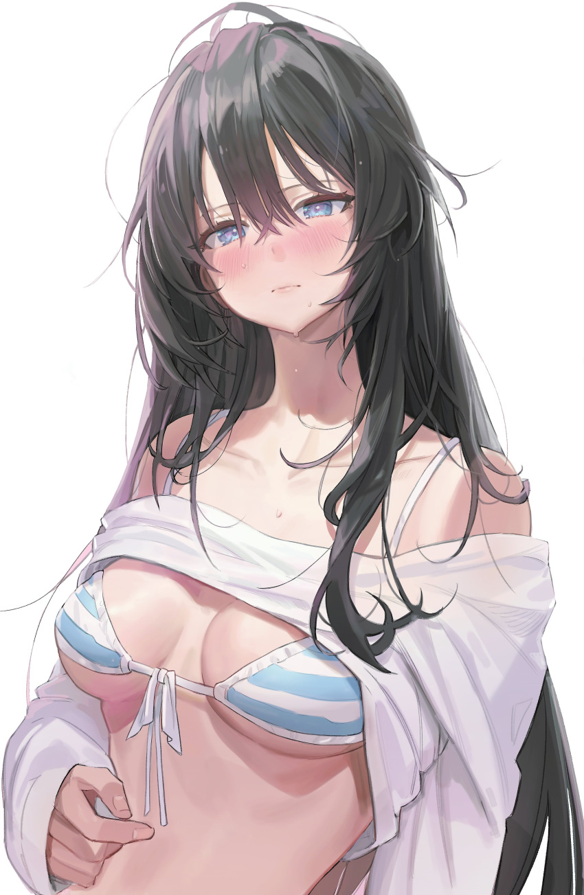 1girl absurdres bangs bikini black_hair blue_eyes blush breasts closed_mouth clothes_pull freng hair_between_eyes highres lips long_hair long_sleeves looking_at_viewer medium_breasts messy_hair off_shoulder original shirt shirt_pull simple_background solo striped striped_bikini sweat swimsuit upper_body very_long_hair white_background white_shirt