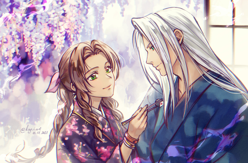 1boy 1girl 2021 aerith_gainsborough black_kimono blue_eyes blue_kimono bracelet brown_hair chopsticks closed_mouth couple dated elena_ivlyushkina final_fantasy final_fantasy_vii floral_print green_eyes hair_intakes hetero holding holding_chopsticks japanese_clothes jewelry kimono long_hair long_sleeves print_kimono sephiroth silver_hair smile twitter_username