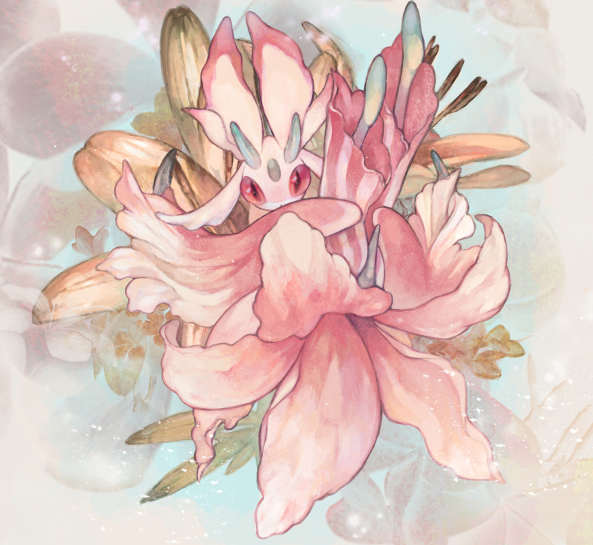 antennae closed_mouth commentary_request flower highres leaf looking_at_viewer lurantis mokunami no_humans petals pink_flower pokemon pokemon_(creature) red_eyes solo