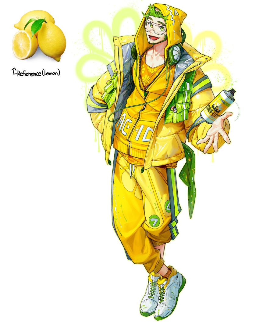 1boy absurdres coat floral_print food fruit full_body goggles green_eyes green_hair headphones headphones_around_neck highres hood hood_up hooded_jacket jacket lemon long_sleeves looking_at_viewer male_focus open_mouth original pants personification print_shirt rinotuna shadow shirt shoes short_hair simple_background smile solo standing white_background white_footwear yellow_coat yellow_jacket yellow_pants yellow_shirt
