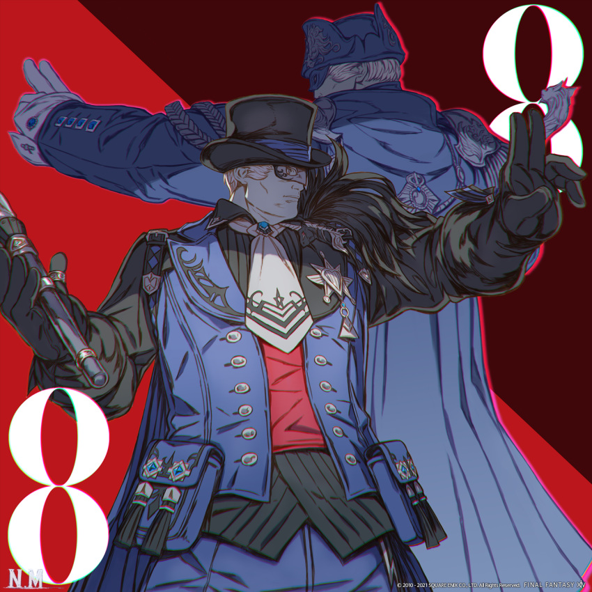 2boys ascot black_gloves blue_mage cape copyright_name cuff_links domino_mask final_fantasy final_fantasy_xiv gloves hat highres jacket mask multiple_boys official_art red_shirt roegadyn shirt top_hat white_gloves white_hair