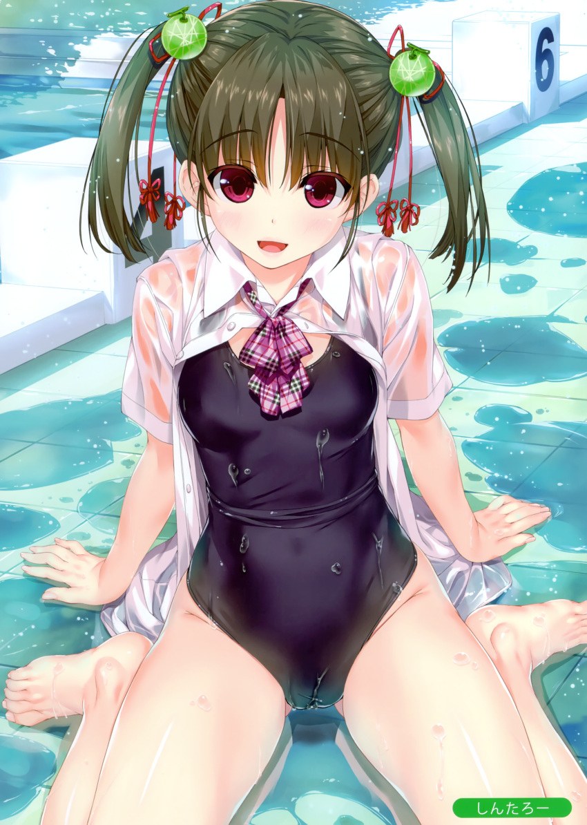 1girl absurdres bangs barefoot blush brown_hair collared_shirt diving_block eyebrows_visible_through_hair food-themed_hair_ornament hair_ornament highres looking_at_viewer melon_hair_ornament melonbooks open_mouth original partially_unbuttoned pink_eyes pool shintarou shirt short_sleeves sitting solo twintails wariza water wet wet_clothes white_shirt