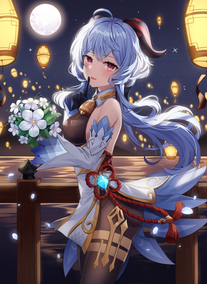 1girl absurdres ahoge bangs bare_shoulders bell black_gloves black_legwear blue_hair blush bouquet breasts chinese_knot curled_horns detached_sleeves eyebrows_visible_through_hair finger_to_mouth flower flower_knot from_side full_moon ganyu_(genshin_impact) genshin_impact gloves gold_trim highres holding holding_flower horns lantern long_hair looking_at_viewer low_ponytail medium_breasts moon nannung neck_bell night night_sky ocean petals qingxin_flower sidelocks sky smile solo standing tassel thighlet violet_eyes vision_(genshin_impact) waist_cape white_flower white_sleeves wide_sleeves