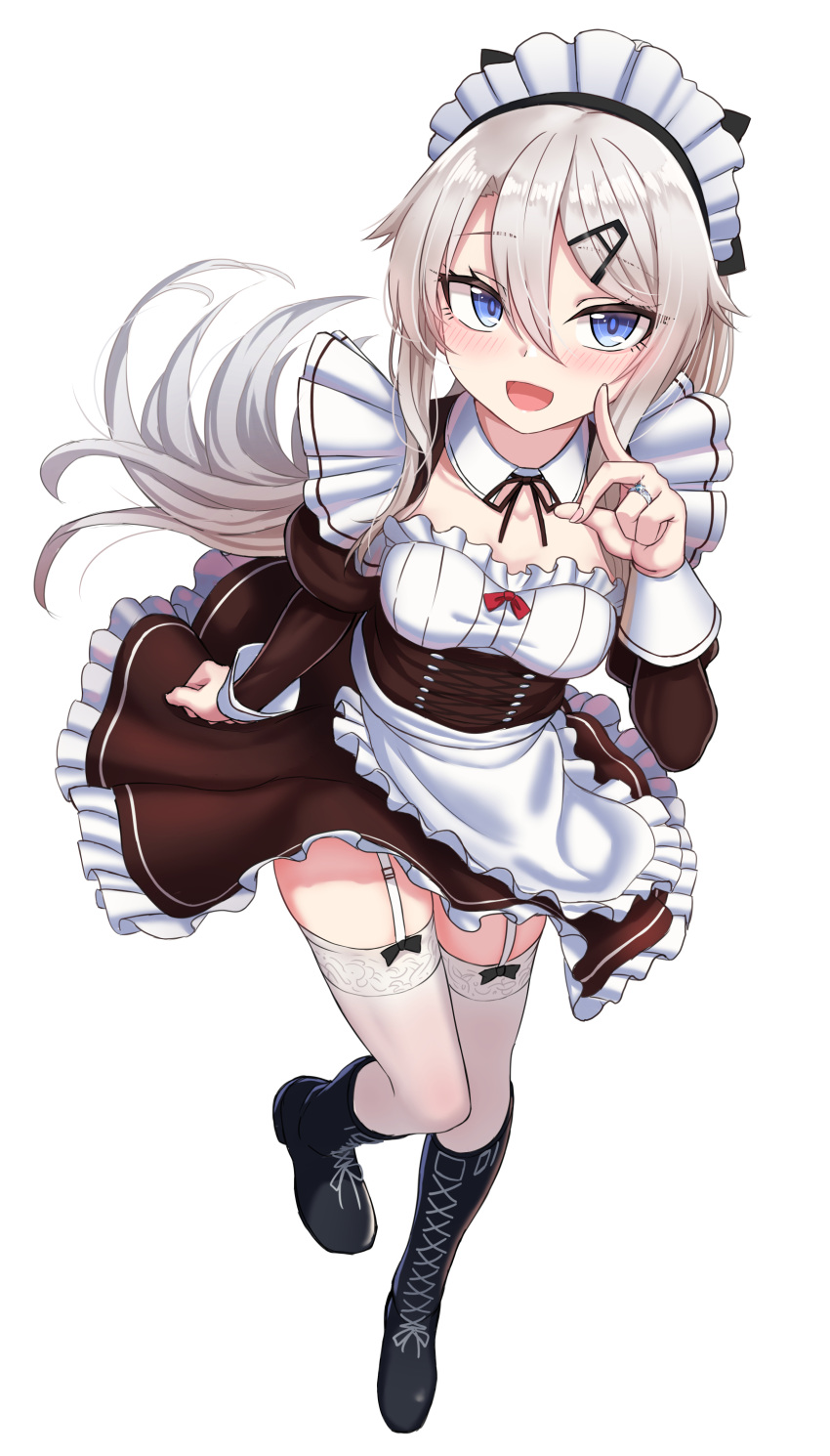 1girl 9a-91_(girls'_frontline) :d absurdres apron bangs black_footwear black_ribbon blue_eyes blush boots breasts brown_dress collar collarbone commentary_request detached_collar dress eyebrows_visible_through_hair frilled_dress frills full_body garter_straps girls_frontline grey_hair hair_between_eyes hair_ornament highres juliet_sleeves knee_boots long_hair long_sleeves maid_headdress neck_ribbon puffy_sleeves ribbon simple_background small_breasts smile solo standing standing_on_one_leg thigh-highs thighhighs_under_boots very_long_hair waist_apron white_apron white_background white_collar wing_collar yakob_labo