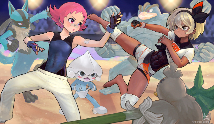 2girls andre_borges bandaid bandaid_on_arm bandaid_on_nose barefoot bea_(pokemon) bow covered_navel dark-skinned_female dark_skin fighting fingerless_gloves gloves grey_hair hair_bow highres lucario machamp maylene_(pokemon) meditite multiple_girls pink_hair pokemon pokemon_(creature) pokemon_(game) pokemon_dppt pokemon_swsh short_hair sirfetch'd