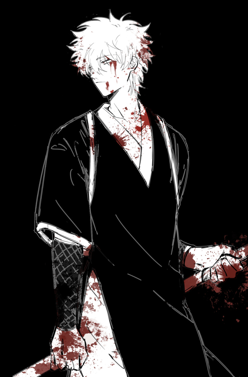 1boy 76piccolo blood blood_on_clothes blood_on_face blood_splatter gintama greyscale highres holding holding_weapon japanese_clothes looking_to_the_side male_focus monochrome partially_colored sakata_gintoki sketch solo weapon