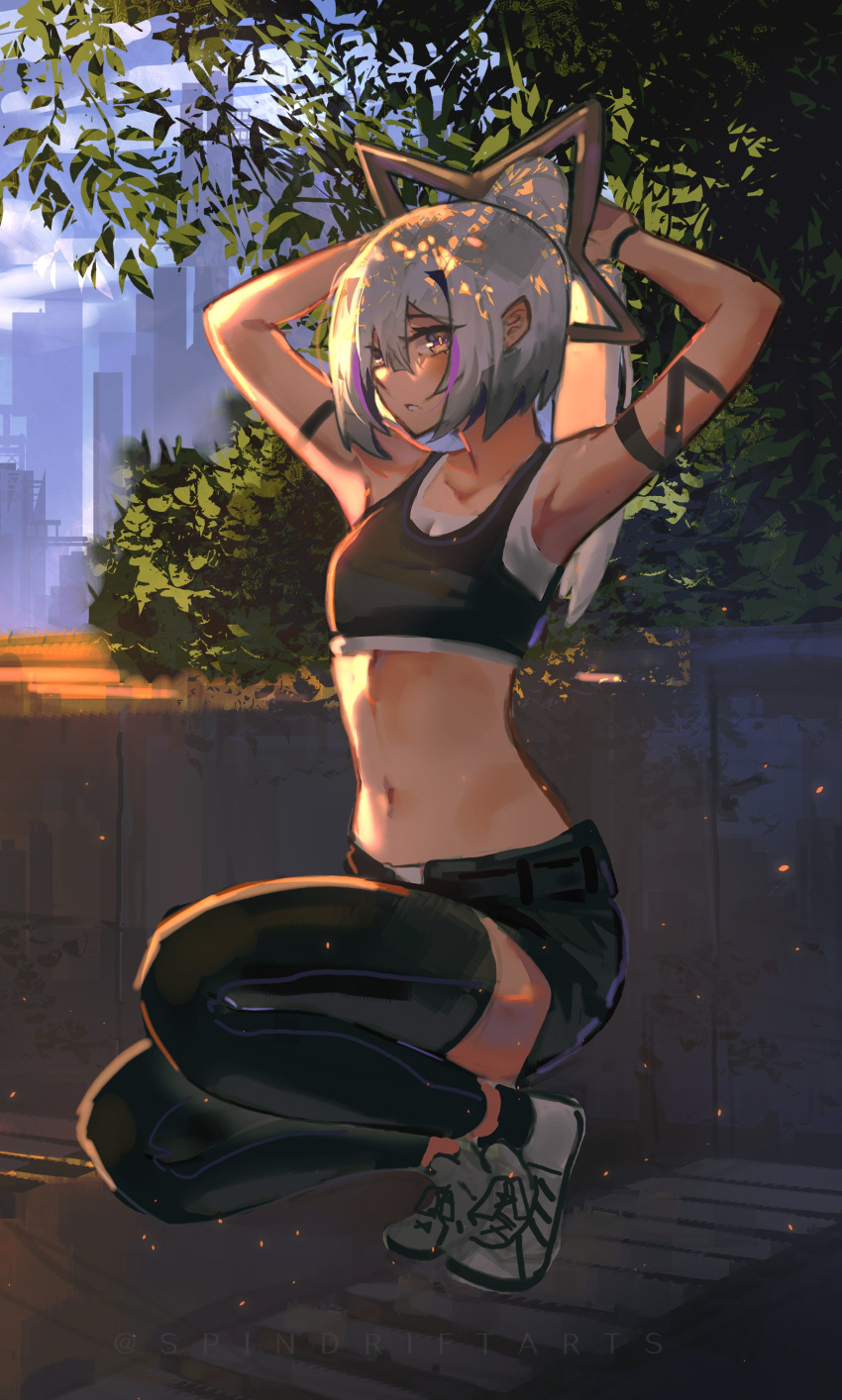 1girl absurdres amane_kanata angel bangs bob_cut bracelet cityscape collarbone flat_chest highres hololive inaku jewelry midriff multicolored_hair pink_hair ponytail shoes short_hair shorts silver_hair sneakers socks sports_bra squatting streaked_hair thigh-highs translation_request tree twitter_username tying_hair virtual_youtuber zettai_ryouiki