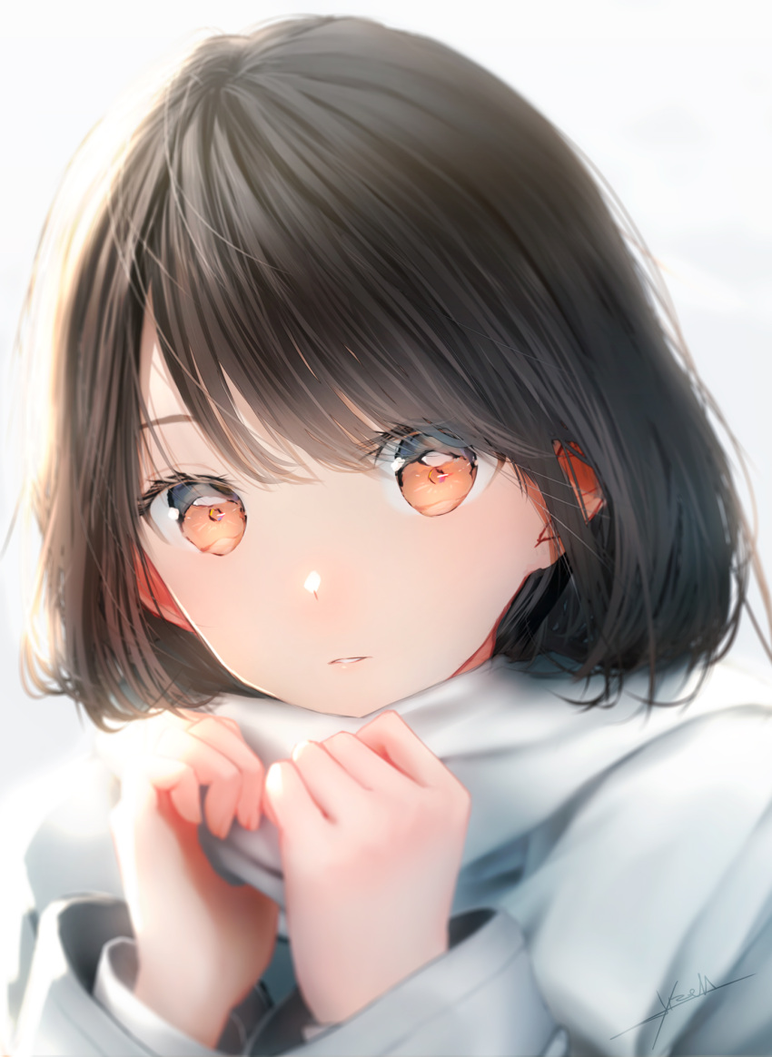 1girl bangs black_hair blurry blurry_foreground expressionless highres long_sleeves looking_at_viewer medium_hair ojay_tkym orange_eyes original own_hands_together parted_lips scarf shirt solo white_background white_scarf white_shirt