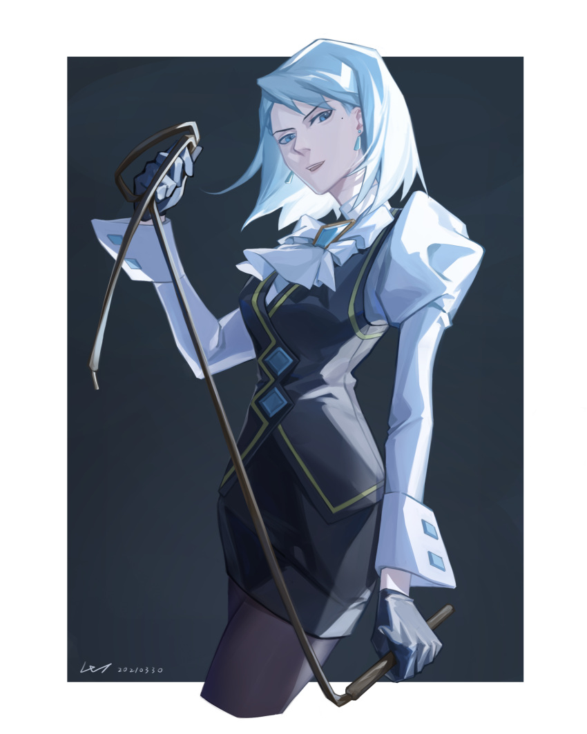 1girl absurdres ace_attorney ascot franziska_von_karma gloves highres holding holding_weapon holding_whip juliet_sleeves light_blue_hair long_sleeves mole mole_under_eye puffy_sleeves short_hair solo weapon whip wt2575