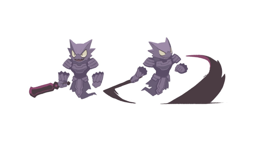 armor clenched_hand disembodied_limb floating ghost ghost_tail haunter holding holding_sword holding_weapon looking_at_viewer muscular no_humans plainwhite pokemon pokemon_(creature) simple_background sword weapon white_background