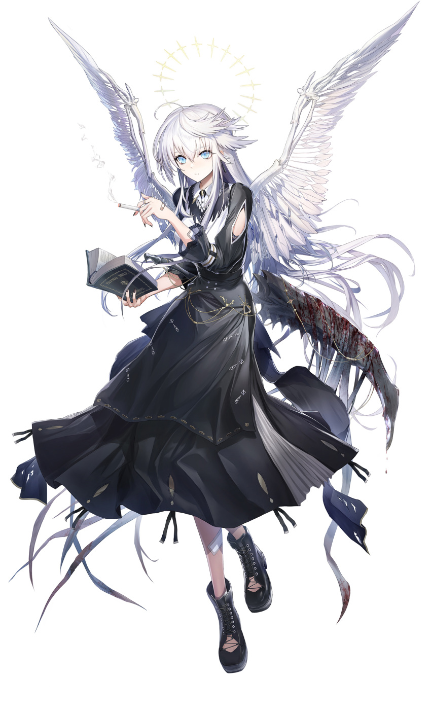 1girl absurdres ahoge angel angel_wings arm_cutout arm_strap bandaid bandaid_on_arm bandaid_on_hand bangs between_fingers bible black_dress black_nails blood blood_on_weapon book boots cigarette collared_shirt commentary dress feathered_wings full_body hair_between_eyes halo highres holding holding_book holding_cigarette holstered_weapon light_blue_eyes long_hair long_sleeves morichika_shuuto open_book original shirt simple_background smoke_trail solo sword weapon white_background white_hair wings