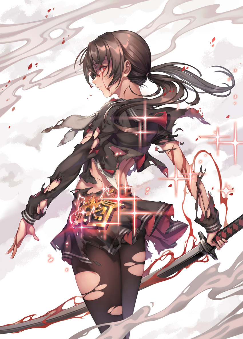 1girl bare_back black_hair black_legwear black_serafuku black_skirt bleeding blood blood_on_face closed_mouth cowboy_shot cuts from_behind highres holding holding_sword holding_weapon idolmaster idolmaster_million_live! idolmaster_million_live!_theater_days injury katana long_hair looking_back machi_(machi333) neckerchief pantyhose profile red_eyes school_uniform serafuku skirt solo sparkle sword takayama_sayoko torn_clothes torn_legwear weapon