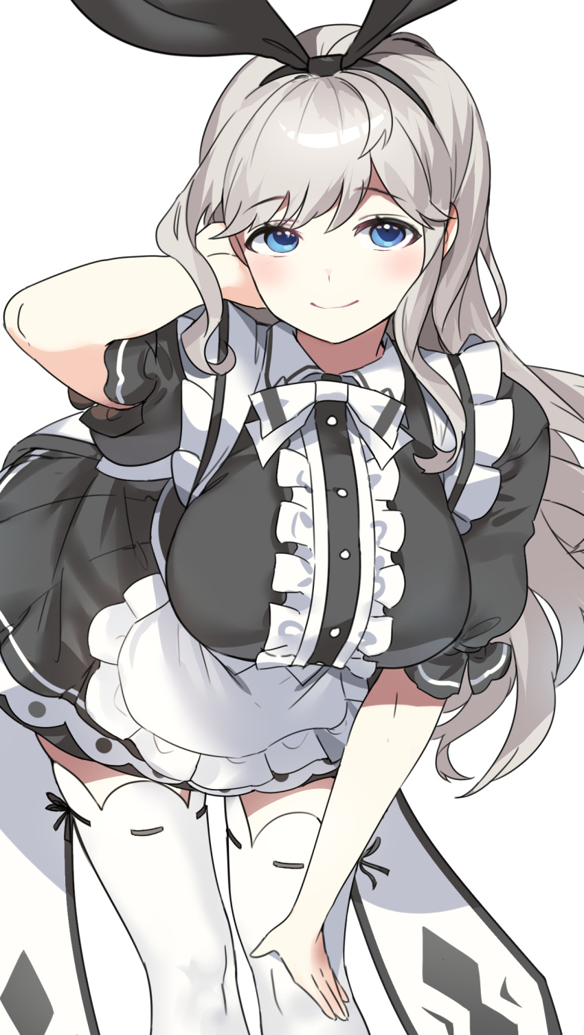 1girl arm_up black_headwear black_ribbon blue_eyes breasts check_copyright closed_mouth commission copyright_request cropped elsword eyebrows_visible_through_hair frills gogoco grey_hair hand_on_own_knee highres large_breasts long_hair maid ribbon simple_background skindentation smile solo white_background white_legwear