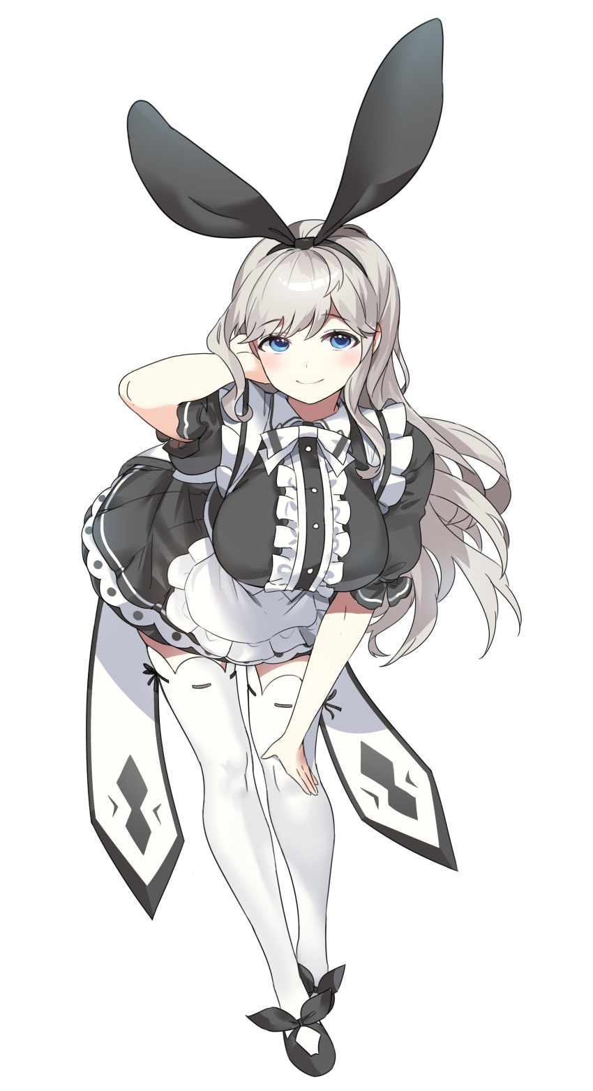 1girl absurdres arm_up black_bow black_footwear black_headwear black_ribbon blue_eyes bow breasts check_copyright closed_mouth commission copyright_request elsword eyebrows_visible_through_hair frills gogoco grey_hair hand_on_own_knee highres large_breasts leaning_forward long_hair maid ribbon simple_background skindentation smile solo white_background white_legwear