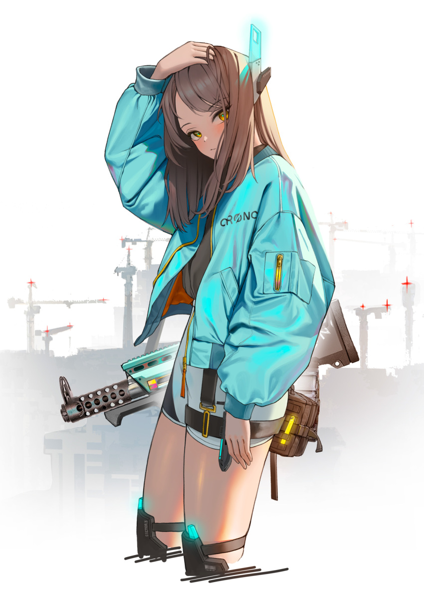 1girl absurdres arm_at_side arm_up bangs blue_jacket blush brown_hair closed_mouth clothes_writing commentary cowboy_shot cropped_legs dong_ji english_commentary eyebrows_visible_through_hair gun hand_on_own_head headgear highres jacket long_hair long_sleeves looking_at_viewer open_clothes open_jacket original puffy_long_sleeves puffy_sleeves rifle shorts solo weapon white_shorts yellow_eyes