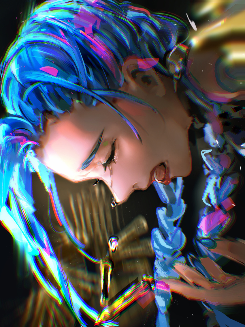 1girl arcane:_league_of_legends asymmetrical_bangs bangs black_background blue_hair blue_nails blurry blurry_background braid bullet crying easy_itoki_(kelly123owo) gloves green_hair hand_up highres jinx_(league_of_legends) league_of_legends long_hair multicolored_hair nail_polish open_mouth solo tears tongue twin_braids two-tone_hair very_long_hair