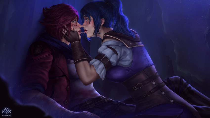 2girls ahegao arcane:_league_of_legends artist_name bangs black_gloves breasts caitlyn_(league_of_legends) commentary corset fingerless_gloves gloves grey_shirt hands_on_another's_cheeks hands_on_another's_face hands_up highres hood hood_down jacket large_breasts league_of_legends long_hair minnhsg multiple_girls open_clothes open_jacket open_mouth pants ponytail profile purple_hair red_jacket redhead saliva shirt short_hair short_sleeves sitting tongue tongue_out vi_(league_of_legends) yuri