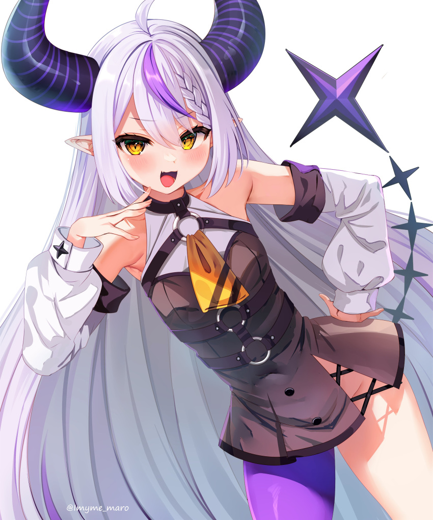 1girl :d absurdres ahoge armpits bare_shoulders black_dress braid cowboy_shot demon_horns detached_sleeves dress hand_on_hip hand_up highres hololive horns la+_darknesss long_hair long_sleeves looking_at_viewer marota multicolored_hair no_panties pointy_ears purple_legwear short_dress sidelocks single_leg_pantyhose sleeveless sleeveless_dress smile solo streaked_hair thighs very_long_hair virtual_youtuber white_background white_hair yellow_eyes