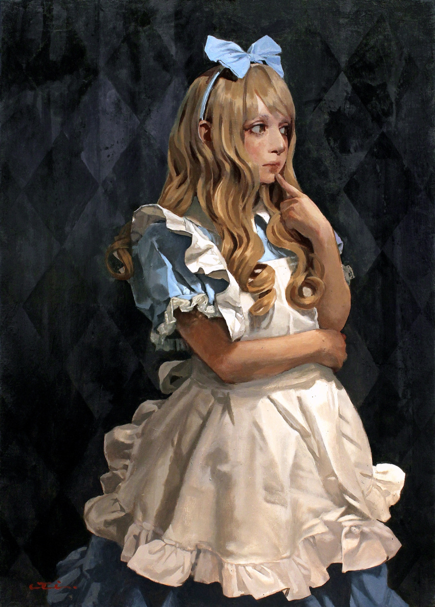 1girl alice_(alice_in_wonderland) alice_in_wonderland apron argyle argyle_background bangs black_background blonde_hair blue_bow blue_dress blue_hairband bow brown_eyes closed_mouth collared_dress cowboy_shot curly_hair dress elbow_rest finger_to_own_chin frilled_apron frilled_dress frilled_sleeves frills hair_bow hair_over_shoulder hairband hand_up highres imai_takahiro long_hair looking_away maid_apron nose oil_painting_(medium) painting_(medium) puffy_short_sleeves puffy_sleeves realistic short_sleeves signature solo standing swept_bangs thinking traditional_media wavy_hair white_apron wing_collar