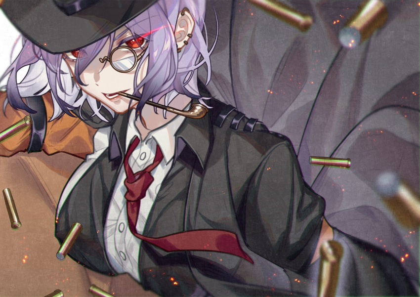 1girl alternate_costume breasts earrings fedora girls_frontline hat highres jacket jewelry monocle necktie pipe pipe_in_mouth purple_hair red_eyes set_xshiver shell_casing solo thompson_(girls'_frontline)