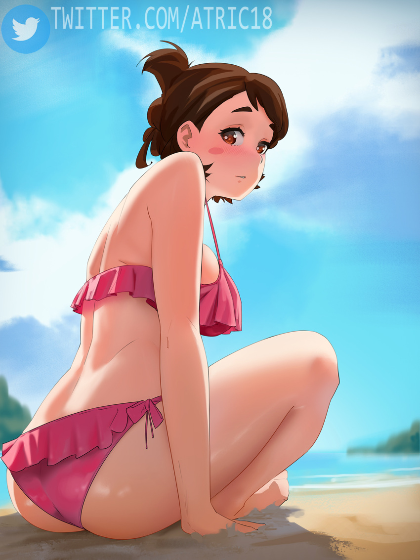 1girl arm_support ass atric18 beach bikini blue_sky blush breasts brown_eyes brown_hair clouds commentary folded_ponytail frilled_bikini frills from_behind full_body highres looking_at_viewer medium_breasts outdoors pink_bikini sand sitting sky solo swimsuit thighs twitter_logo twitter_username uraraka_ochako water web_address