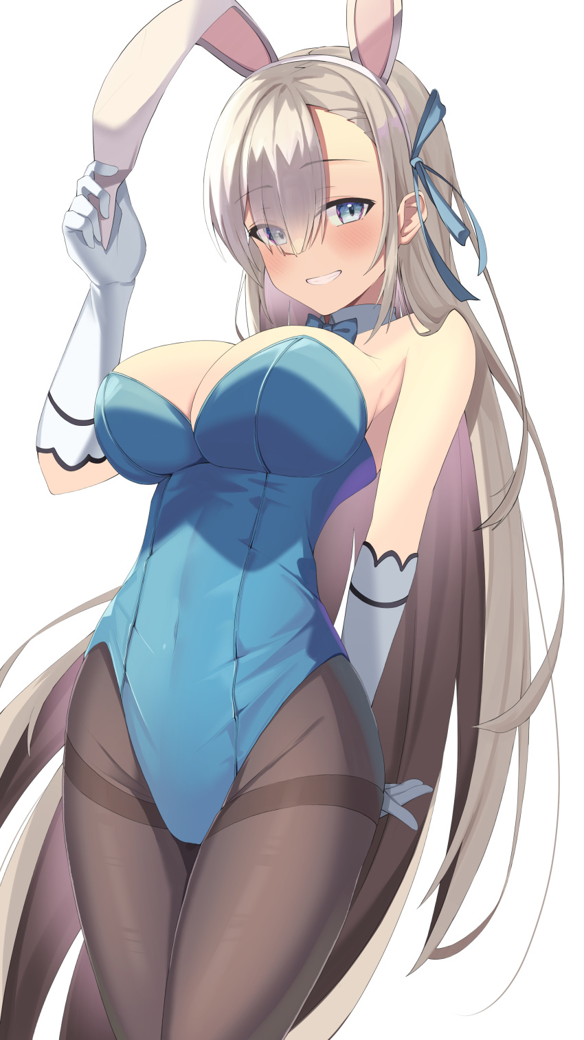1girl absurdres animal_ears asuna_(blue_archive) bangs black_legwear blue_archive blue_bow blue_bowtie blue_eyes blue_leotard blush bow bowtie breasts cowboy_shot detached_collar elbow_gloves eyebrows_visible_through_hair fake_animal_ears gloves hair_ornament hairband highres large_breasts leotard light_brown_hair long_hair looking_at_viewer motoq pantyhose playboy_bunny rabbit_ears simple_background smile solo white_background white_gloves white_hairband