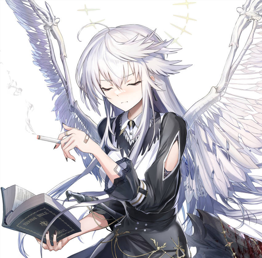 1girl ahoge angel angel_wings arm_cutout arm_strap bandaid bandaid_on_arm bandaid_on_hand bangs between_fingers bible black_dress black_nails blood blood_on_weapon book cigarette closed_eyes collared_shirt dress feathered_wings hair_between_eyes halo highres holding holding_book holding_cigarette holstered_weapon light_blue_eyes long_hair long_sleeves morichika_shuuto open_book original shirt simple_background smoke_trail solo sword weapon white_background white_hair wings