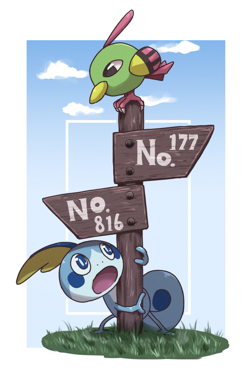 absurdres beak bird blue_eyes border bright_pupils commentary_request grass highres kotobukkii_(yt_lvlv) looking_down looking_up natu no_humans open_mouth pokemon pokemon_(creature) sign sobble standing talons tongue white_border