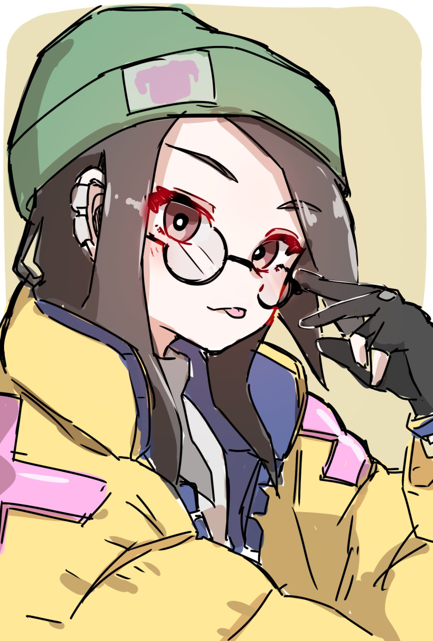 1girl 3wdog_s :p animification beanie black_hair ear_piercing glasses gloves green_headwear hair_behind_ear hat highres jacket killjoy_(valorant) long_hair looking_at_viewer partially_fingerless_gloves piercing round_eyewear simple_background smile solo tongue tongue_out valorant yellow_belt yellow_jacket