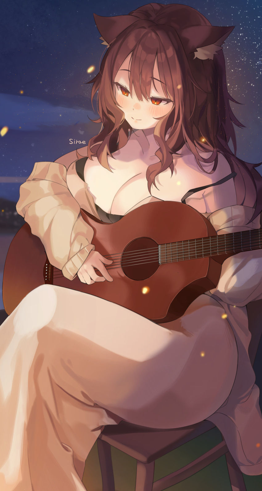 1girl absurdres animal_ear_fluff animal_ears artist_name bare_shoulders blush breasts brown_hair chair closed_mouth collarbone cropped crossed_legs dress embers gogoco guitar hair_between_eyes highres holding holding_instrument instrument large_breasts long_hair music night night_sky original outdoors playing_instrument red_eyes sitting sky sleeves_past_wrists smile solo star_(sky) starry_sky white_dress