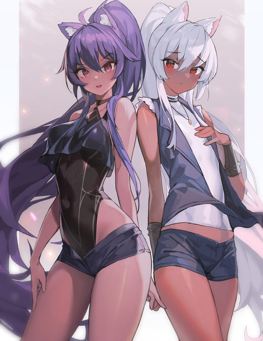 1boy 1girl :d absurdres ahoge animal_ears bare_shoulders black_hair blush breasts dark-skinned_female dark-skinned_male dark_skin highres jewelry leotard long_hair looking_at_viewer ludaf necklace original otoko_no_ko ponytail purple_hair red_eyes shorts smile very_long_hair vest violet_eyes