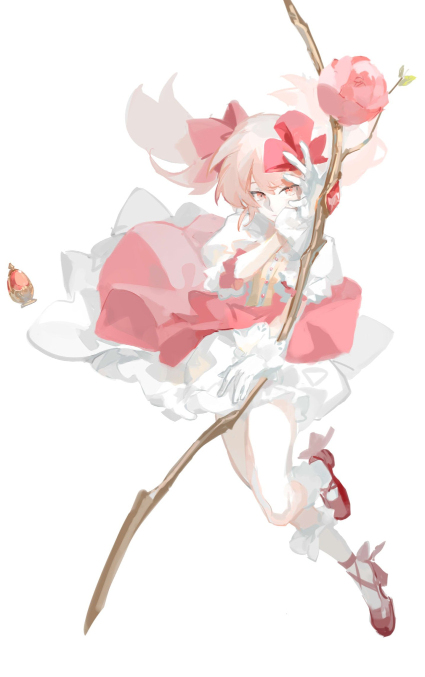 1girl bow bow_(weapon) branch bubble_skirt buttons center_frills flower frilled_legwear frills full_body gloves hair_bow highres holding holding_bow_(weapon) holding_weapon kaname_madoka layered_skirt liulianjingrua mahou_shoujo_madoka_magica medium_hair pink_bow pink_eyes pink_flower pink_footwear pink_hair pink_rose pink_skirt pink_theme puffy_short_sleeves puffy_sleeves rose shirt shoes short_sleeves simple_background skirt socks solo soul_gem twintails weapon white_background white_gloves white_legwear white_shirt white_skirt