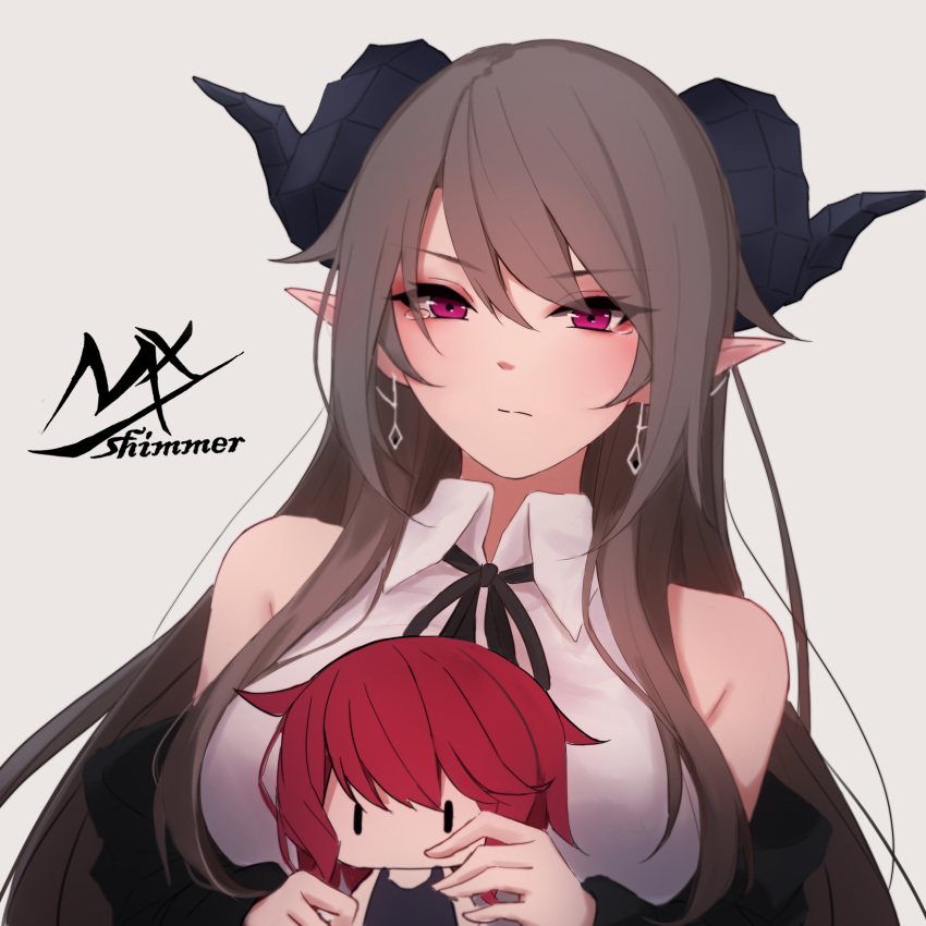 1girl artist_logo artist_name bangs bare_shoulders black_horns black_jacket black_ribbon breasts brown_hair character_doll collared_shirt demon_horns earrings grey_background grey_shirt highres holding horns jacket jewelry large_breasts long_hair long_sleeves looking_at_viewer neck_ribbon original pointy_ears ribbon shimmer shirt simple_background tearing_up upper_body