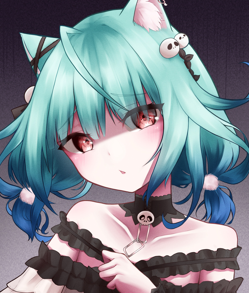 1girl ahoge animal_ear_fluff aqua_hair bare_shoulders black_choker black_dress black_ribbon choker closed_eyes disgust dress ear_piercing ear_ribbon frilled_dress frilled_straps frills hair_ornament hair_ribbon highres hololive looking_at_viewer low_twintails matcha_amigo medium_hair off-shoulder_dress off_shoulder piercing pom_pom_(clothes) pom_pom_hair_ornament red_eyes ribbon short_twintails skull_hair_ornament solo striped twintails upper_body uruha_rushia vertical_stripes virtual_youtuber