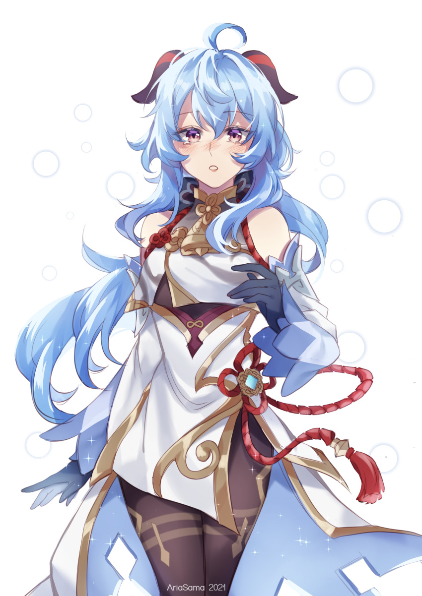 absurdres ahoge alternate_costume aria_sama artist_name bangs bare_shoulders bell black_gloves black_legwear blue_hair blush chinese_knot detached_sleeves eyebrows_visible_through_hair flower_knot ganyu_(genshin_impact) genshin_impact gloves gold_trim highres horns long_hair looking_at_viewer neck_bell sidelocks solo standing tassel thighlet very_long_hair violet_eyes vision_(genshin_impact) waist_cape white_background white_sleeves