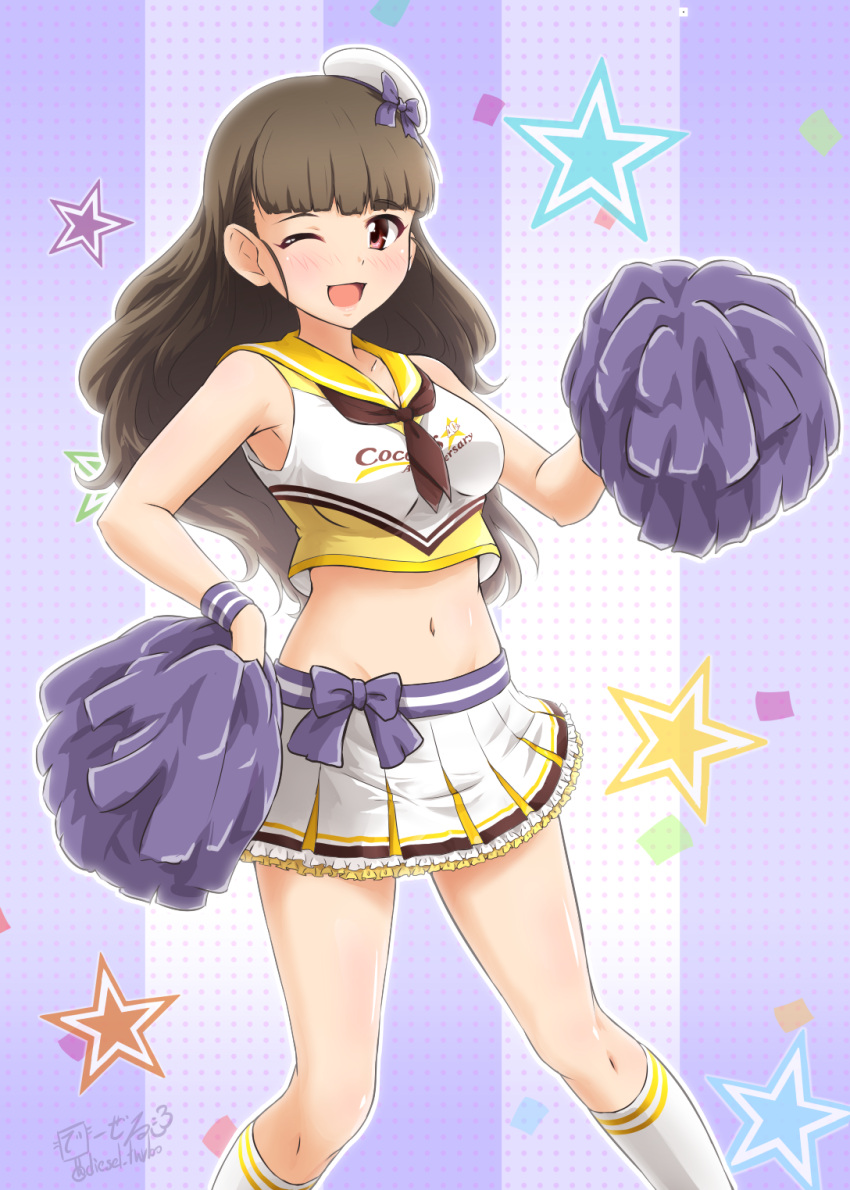 1girl ;d artist_name bangs beret blunt_bangs bow_skirt brown_hair cheerleader coco's commentary_request diesel-turbo double_horizontal_stripe frilled_skirt frills hat highres holding holding_pom_poms idolmaster idolmaster_cinderella_girls kamiya_nao kneehighs logo long_hair looking_at_viewer midriff mini_hat miniskirt navel neckerchief one_eye_closed open_mouth pleated_skirt pom_pom_(cheerleading) pom_pom_(clothes) red_eyes sailor_collar shirt signature skirt sleeveless sleeveless_shirt smile solo standing starry_background tilted_headwear twitter_username white_headwear white_legwear white_shirt wristband yellow_sailor_collar