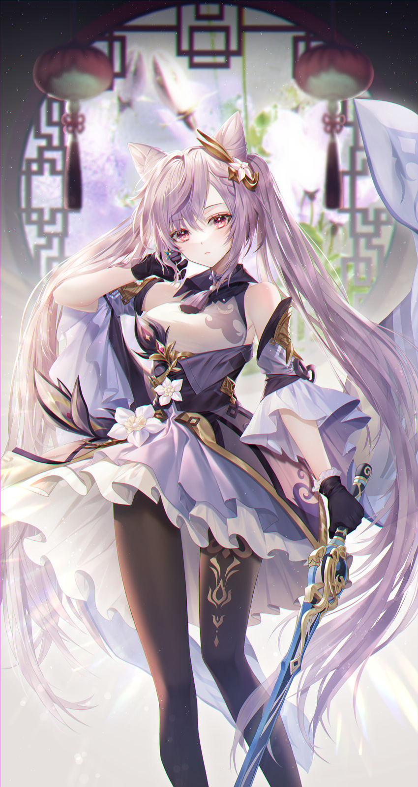 1girl bare_shoulders black_legwear blush braid double_bun dress frilled_dress frilled_skirt frilled_sleeves frills full_body genshin_impact gloves hair_bun hair_ornament hairclip hand_in_hair highres holding holding_sword holding_weapon keqing_(genshin_impact) long_hair looking_at_viewer no.aei pantyhose skirt sword twintails very_long_hair weapon